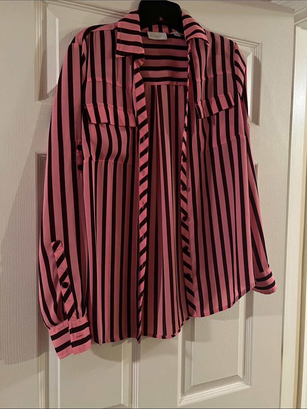 New York & Company Pink and Black Striped Button-Up Blouse